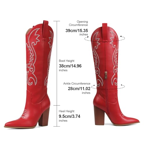 Image of VOMIRA Knee High Cowboy Boots for Women Pointed Toe Chunky High Heels Pull-on Embroidered Boots Western Boots Wide Calf Cowgirl Boots