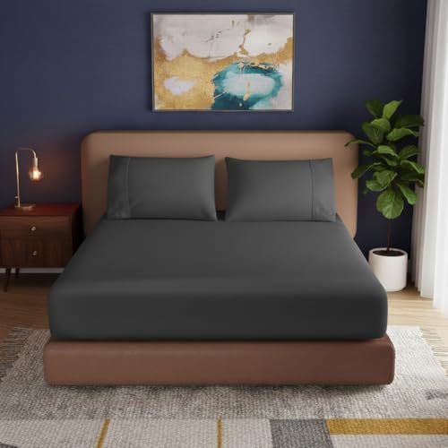 Image of 400TC 100% Egyptian Cotton King Size Fitted Bedsheet (72 x 78 inch) | All-Round Elastic | Fits Upto 12 inch Mattress | Soft & Durable | with 2 Pillow Covers | Dark Grey Solid Bedsheet Set