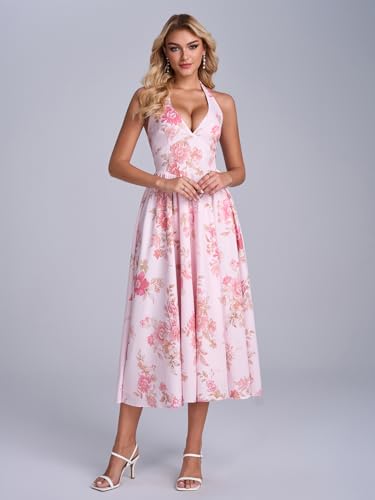 Image of Parthea Women's Gingham Halter V Neck Midi Dress Corset Smocked Sundress Flowy A Line Wedding Guest Dresses