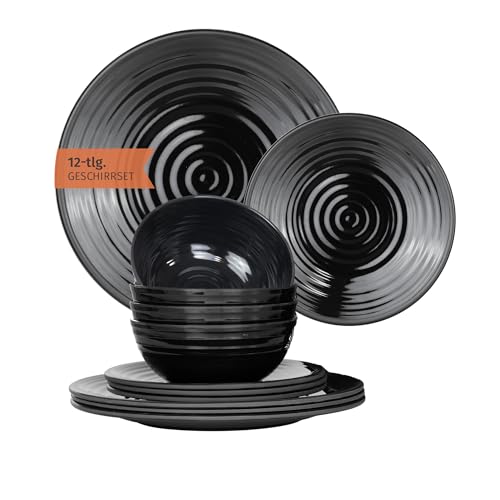 Moritz Vaisselle de camping en mélamine pour 4 personnes 12 pièces | Passe au lave-vaisselle | Service de vaisselle de pique-nique | Vaisselle de camping I Stone Dark Black Design
