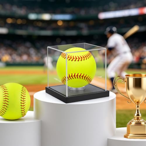 Image of Clear Acrylic Softball Display Case with Black Wood Base & Acrylic Holder, Memorabilia Stand Cube Holder, Dust Protection Transparent Storage Box for Single Ball Souvenir Softball Collections