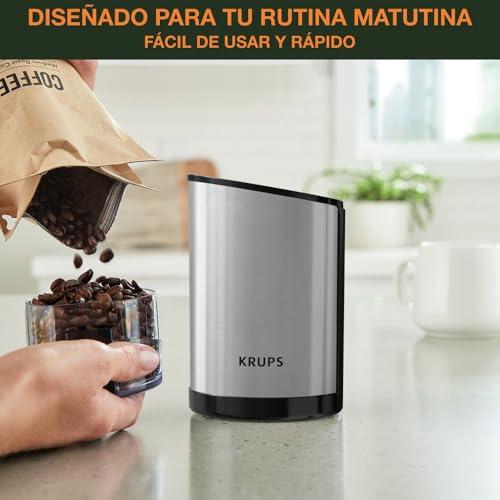 KRUPS Molinillo de Café Fast-Touch, Cuchillas de Acero Inoxidable, Molido Rápido y Uniforme, Capacidad 85 g, Molido con un Solo Toque, Seguro, Versátil, Fácil de Verter, GX204D10