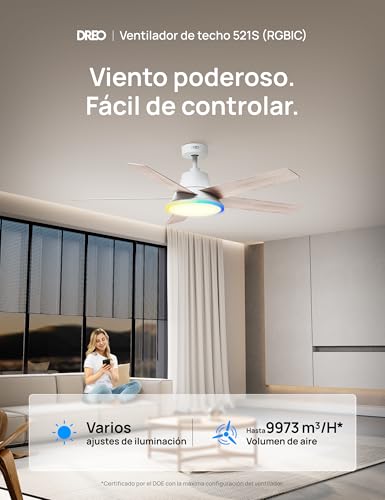Miniatura 2 de Dreo Ventilador Techo Inteligente De 132 Cm Con Luz Led Regulable, 12 Velocidades, 3 Modos, Temporizador De 12h, Motor Dc Silencioso, Control Por Control Remoto App Alexa, Blanco Para Interiores