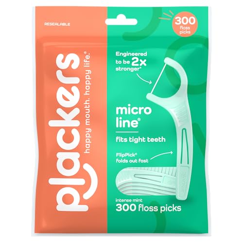 Plackers Micro Line Dental Floss Picks, Fold-Out FlipPick, Tuffloss, Easy Storage with Sure-Zip Seal, Fresh Mint Flavor, 300 Count