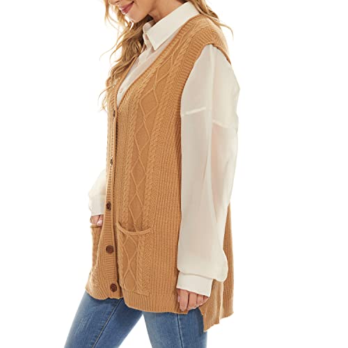 Hyipels Sweater Vest Women Cable Knit Sleeveless Button Down Oversized V Neck Long Sweaters Cardigan With Pockets #TOP4