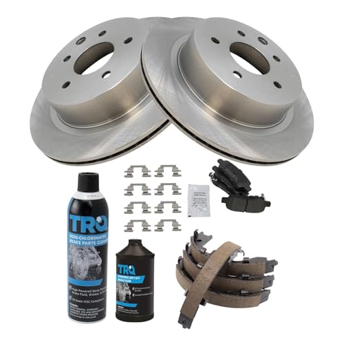 Image of TRQ Rear Brake Pad & Rotor Kit, with Chemical Kit Parking Brake Shoe Set Semi-Metallic Compatible with 2003-2005 Infiniti G35 Nissan 350Z
