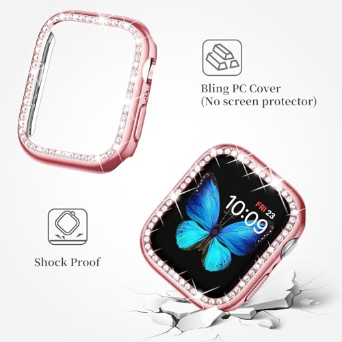 Image of SUPOIX for Apple Watch Band 45mm + Case, Bling Bands for Women (Rose Pink) | Shiny Metal Bands & 2 Pack Protective Cover Cases for iWatch Series 9 /8 /7 45mm