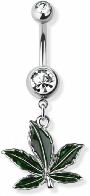 Pierced Owl 14GA 316L Stainless Steel CZ Crystal Pot Leaf Dangling Belly Button Ring