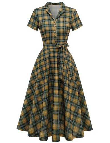 Wedtrend Vestido de té vintage para mujer, manga corta, vestido de cóctel, fiesta, trabajo, iglesia, vestido casual, Cuadros Pequeños Verde Amarillo, M