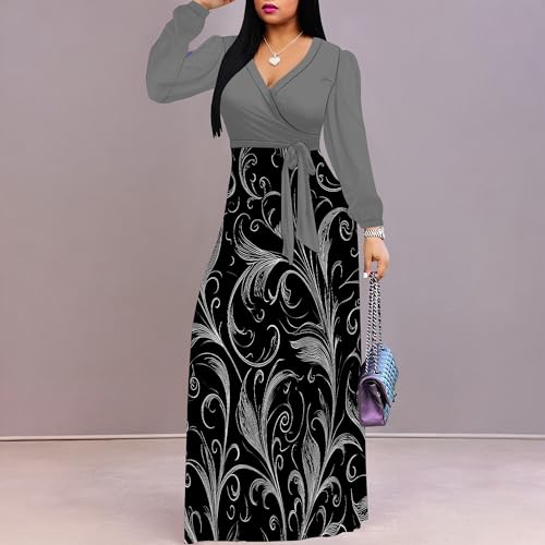 Image of Women's Plus Size Maxi Dresses Long Sleeves V Neck Floral Print Bohemian Swing Long Dress with Belt