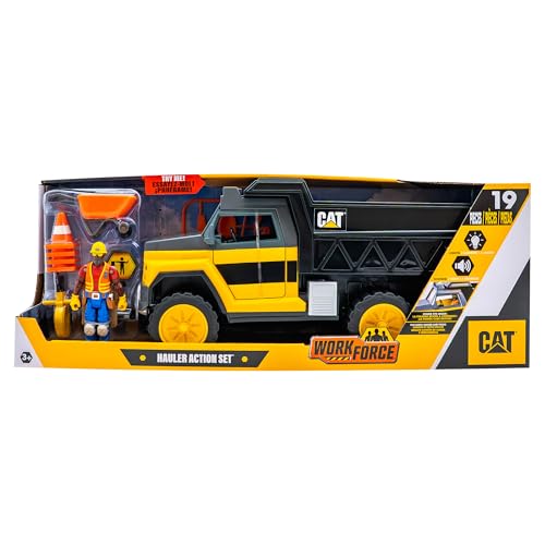 Image of Cat Construction Workforce Hauler Action Set, 18-Piece Kids Construction Toy Playset with Freewheeling Hauler Truck, Lights & Action-Activated Sounds, 4-Inch Figure, Tools & Accessories, Ages 3+