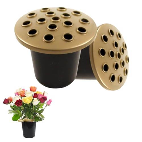 Grave Flower Holders with Golden lid pack of 2, Memorial Vases for Graves Strong Plastic Grave Flower Pots Insert in Grave-side, Grave Vase for Grave Decorations