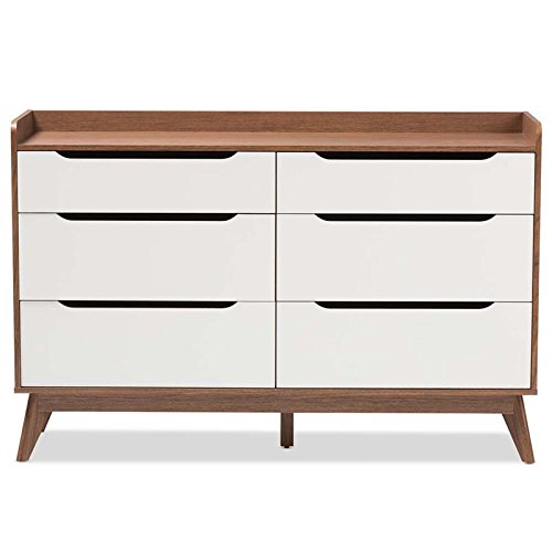 Baxton Studio Brighton 6-Drawer Storage Dresser Mid-Century/White/Walnut Brown/Particle Board/Mdf With Pu Paper/ #TOP3