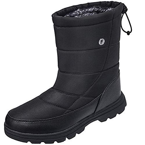 SILENTCARE Mens Winter Mid-Calf Snow Boot Fur Warm Waterproof Slip On Outdoor Athletic (Men 8 M US, Black)