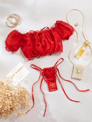 Image of Lilosy Sexy Stretch Ruffle Tie Sheer Mesh Lingerie Set Outfits