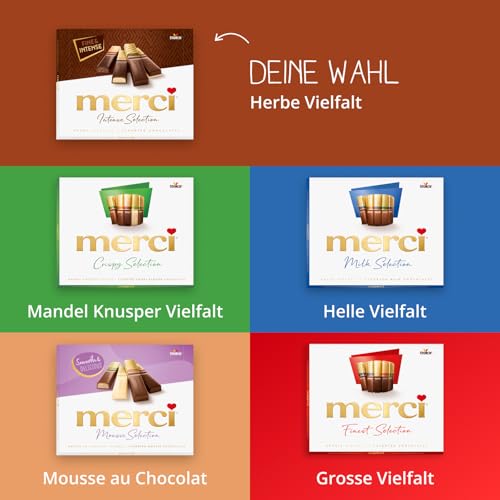 merci Finest Selection Herbe Vielfalt – 1 x 250g – Erlesene Schokoladen-Spezialitäten aus dunkler Schokolade – Gefüllte und nicht gefüllte Pralinen