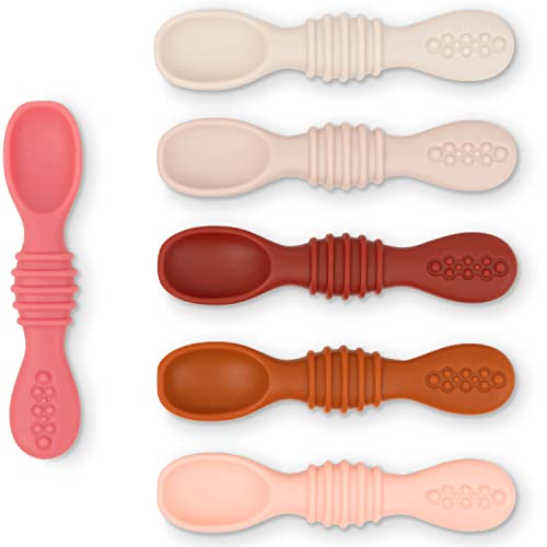 Image of Simka Rose Silicone Baby Spoons Self Feeding 6 Months - First Stage Infant Spoons for Babies & Toddlers- Baby Led Weaning Spoons Set of 6- Easy on Gums Food Training Utensils Dishwasher Microwave Safe