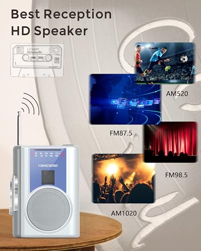 Image of Gracioso Protable Cassette Player: AM FM Compact Cassette Tape Player with 3.5mm Headphone,Big Speaker & Earphone Jack, Build in Microphone,Cassette Recorder Player Powered by DC or AA Battery