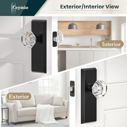 Image of Glass Door Knobs for Interior Doors - Vintage Crystal Passage Closet & Hallway Door Knob - Diamond Cut Door Handle - Matte Black Finish (1 Pack 7 Inch Height)