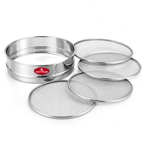 Image of Ajay's Shoppe Stainless Steel 4-in-1 Flour Sieve Set 20 CM | Atta Chalni with 4 Interchangeable Mesh Sieves for Maida, Besan, Suji & Spice Straining