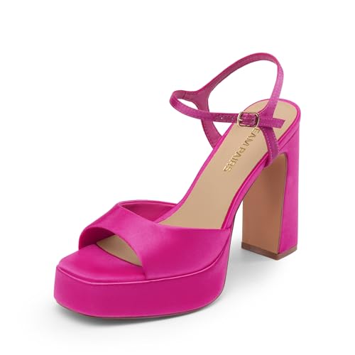 DREAM PAIRS Platform Heels for Women, Square Toe Chunky High Heels Ankle Strap Sandals for Wedding Party Formal Event,Size 8,Hot Pink,SDHS25005W