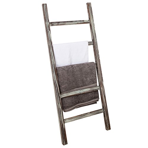 MyGift 5-Tier Blanket Ladder, 48 Inch Wooden Quilt Towel Holder Rack, Decorative Ladder Shelf for Living Room Bathroom Home Decor, Easy Assembly, Rustic Farmhouse Torched Wood