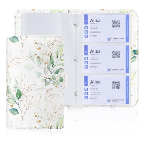 Rouidr Business Card Organizer, RFID Business Credit Card Holder with 96 Card Slots, Portable Leather Card Wallet for Women, Eucalyptus Leaf