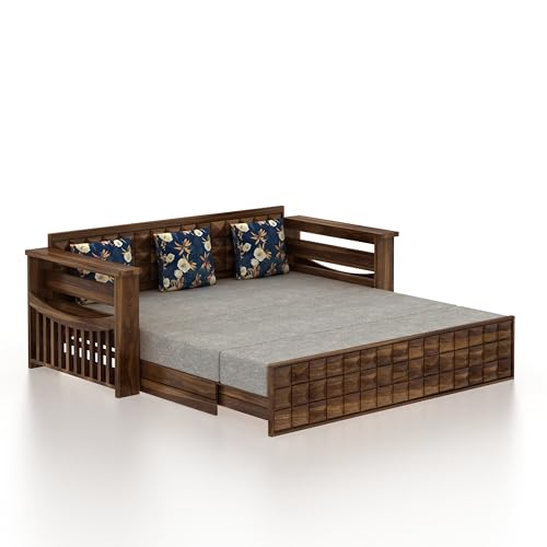 Image of Ganpati Arts Solid Sheesham Wood Diamond 3 Seater Sofa Cum Bed with Storage and Side Pockets for Living Room Wooden Furniture Sofa Bed for Home - Teak Finish 1 Year Warranty