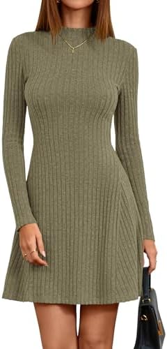 KIRUNDO Women's Sweater Dress 2025 Fall Lightweight Long Sleeve Mock Neck A Line Fit and Flare Ribbed Knit Short Dresses