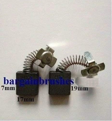 A pair of BARGAINWORLDUK carbon brushes with dimensions labeled: 7mm, 17mm, 19mm.