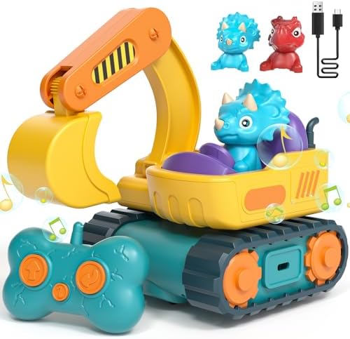 Lehoo Castle Ferngesteuertes Auto ab 2 Jahre, Bagger Kinder 2 Jahre | Ferngesteuerter Bagger mit Musik, USB Aufladung, 2-Tasten-Steuerung, Dinosaurier Fahrzeug, Geschenk Für Kinder