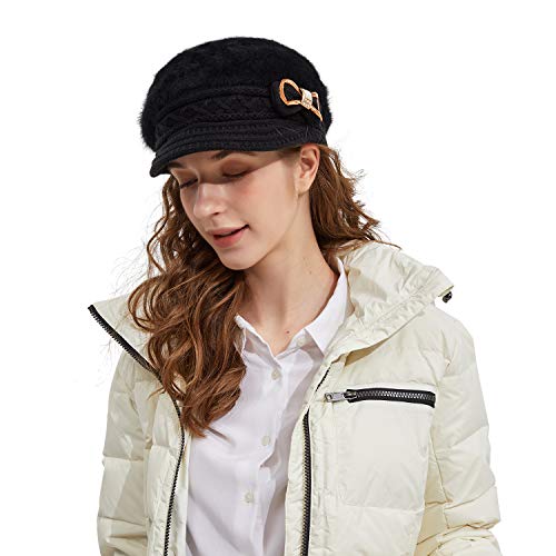 Surblue Lady Knit Newsboy Cap Beret Hats S Crystal Bow Angora Plush Winter Beanie Crochet (Black) #TOP2