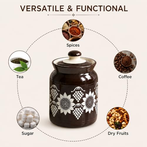 Image of D'Maiolica Ceramic Handmade Pickle Jars in 1000ml (set of 2) | Floral Bale 1 kg Achaar Martban | Ceramic Jadi for Kitchen Storage (Set of 2) | Jars for Achar, Spices, Salt (Black Sienna & Sunflowers)