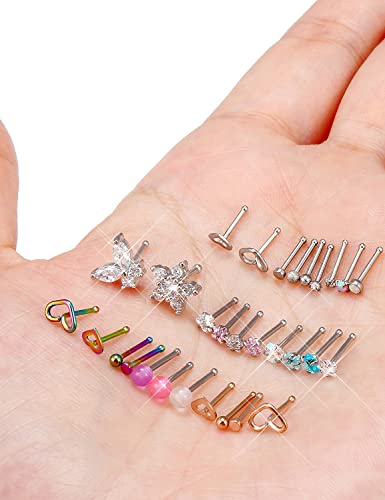 Prjndjw 20G Nose Rings Studs Surgical Steel Nose Studs Glow Dark Heart Opal Cz Flower Nose Piercing Jewelry Nose Rings For Women Straight Bend L Shaped Nose Rings 30Pcs 6.5Mm Nose Piercing Kit Purpke #TOP5