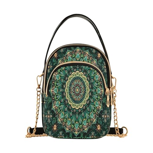 Mandala Forest Green Quilted Crossbody Handbag for Women, Small Shoulder