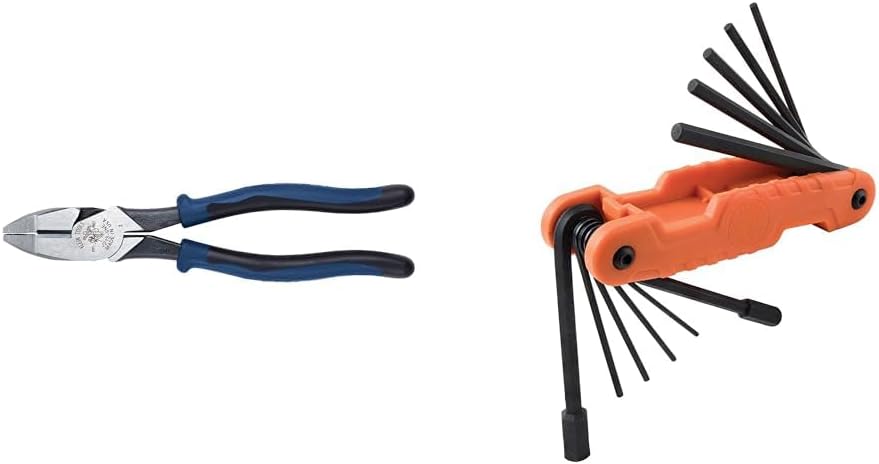 Klein Tools J213-9NE Side Cutter Linemans Pliers, 9-Inch & 70550 Hex Wrench Key Set, 11 SAE Sizes, Folding