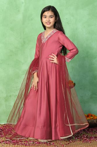 Image of Fashion Dream Girls Chanderi Embroidered Maxi Dress with Dupatta|Ethnic Gown for Kids
