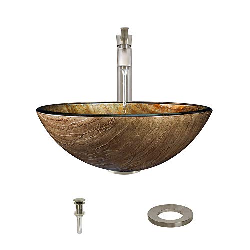 MR Direct 632-726-BN Glass Vessel Sink in Golden Bronze Foil Undertone with Faucet and Pop-Up Drain in Brushed Nickel, 726, Multi
