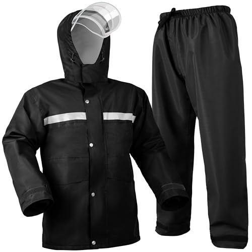 Coralrain Rain Suit Safety Waterproof Rain Jacket and Trouser Suit Raincoat With Hood lining For Men Women Adults Breathable, Black, Medium