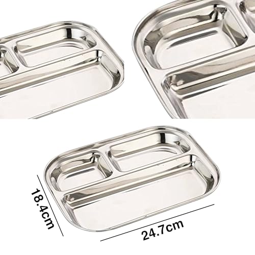 Image of EXPRESSO - Heavy Duty Stainless Steel Rectangle Dinner Plate w /3 Sections Divided Mess Plate /Thali /Bhojan Thali /Mess Tray /Dinner Plate | Plates for Lunch /Dinner Bhojan Plates Set of 5 Pcs