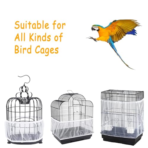 Image of Bird Cage Cover, Breathable Nylon Mesh Seed Catcher Guard, Adjustable Elastic Skirt for Parrot, Budgie, Cockatiel, Prevents Mess, Fits Cage Circumference 55 inch-87 inch (140-220cm)