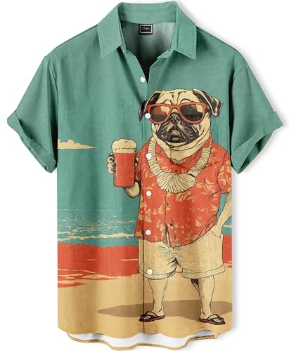 DADDYLOCO Men's Hawaiian Casual Shirt, Pug Beach Print, Short Sleeve Button Down, Regular Fit, Teal