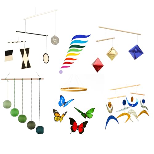 Montessori Baby Mobile Set – 6-Piece Handmade Visual Stimulating Mobiles (Munari, Gobbi, Octahedron, Dancer, Rainbow & Butterfly) for Newborn...