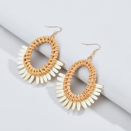 Image of Ladies Handmade Rattan Earring - Tassel A Type Straw Wicker Earrings Bohemian Geometry Earring Circle Pie Shape Earrings