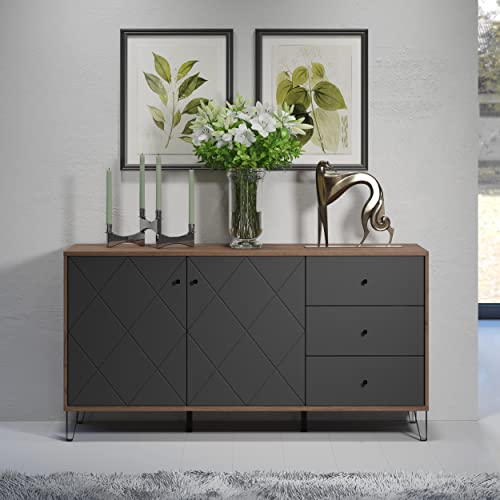 Stabiles Eiche-Furnier-Sideboard Montez mit Soft-Close-Türen - Detailansicht von Montez Sideboard Eiche Gold Graphite...