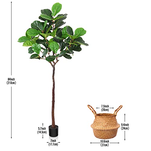 Soguyi Artificial Fiddle Leaf Fig Tree 7 Feet Tall Fake Plants 59 Leaves Faux Ficus Lyrata Tree In Pot, Come With Woven Seagrass Belly Basket Floor Plants For Home Office Living Room Indoor Decor #TOP5
