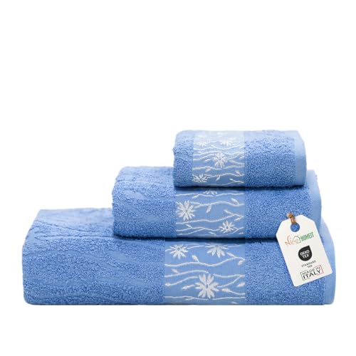 nice homeit - Lot de 3 serviettes en coton filé à anneau – Serviette de bain extra grande qualité, douce et absorbante – Idéal pour salle de bain, salle de gym, hôtel et spa – Fabriqué en Italie (bleu