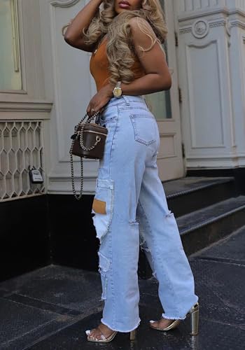 Womens Baggy Patchwork Ripped Jeans High Waisted Straight Wide Leg Raw Hem Trendy Denim Pants Streetwear3