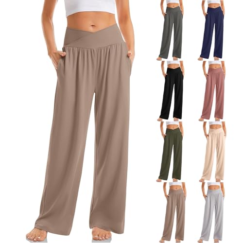 Coffee Casual Wide Leg Yoga Pants for Women with Pockets Comfy Trouser Style Lounge Pants Crossover Waist Baggy Sweatpants Womens Elastic Waist Pants Plus Size Lounge Sets for Women 3X Casual Pants