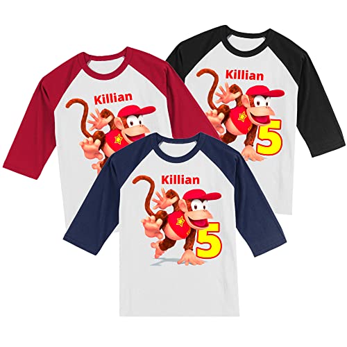 Personalized Diddy Birthday Shirt | Mario Kong | Handmade Decorated Shirt | Personalized with Name and Age | Unisex 3/4 Sleeve Raglan T-Shirt | #11894
